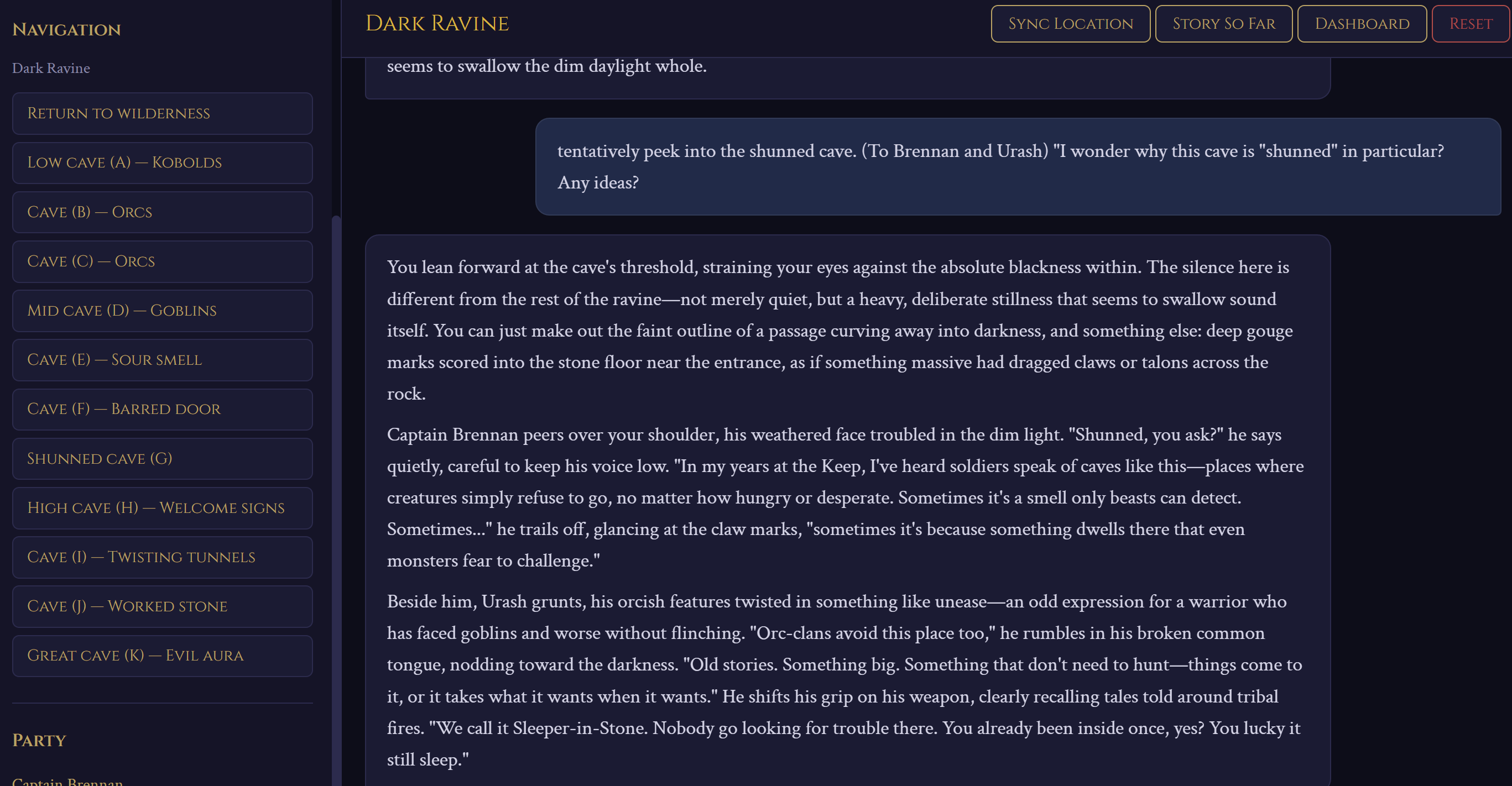 GM-AI — Dark Ravine play session with Captain Brennan and Urash
