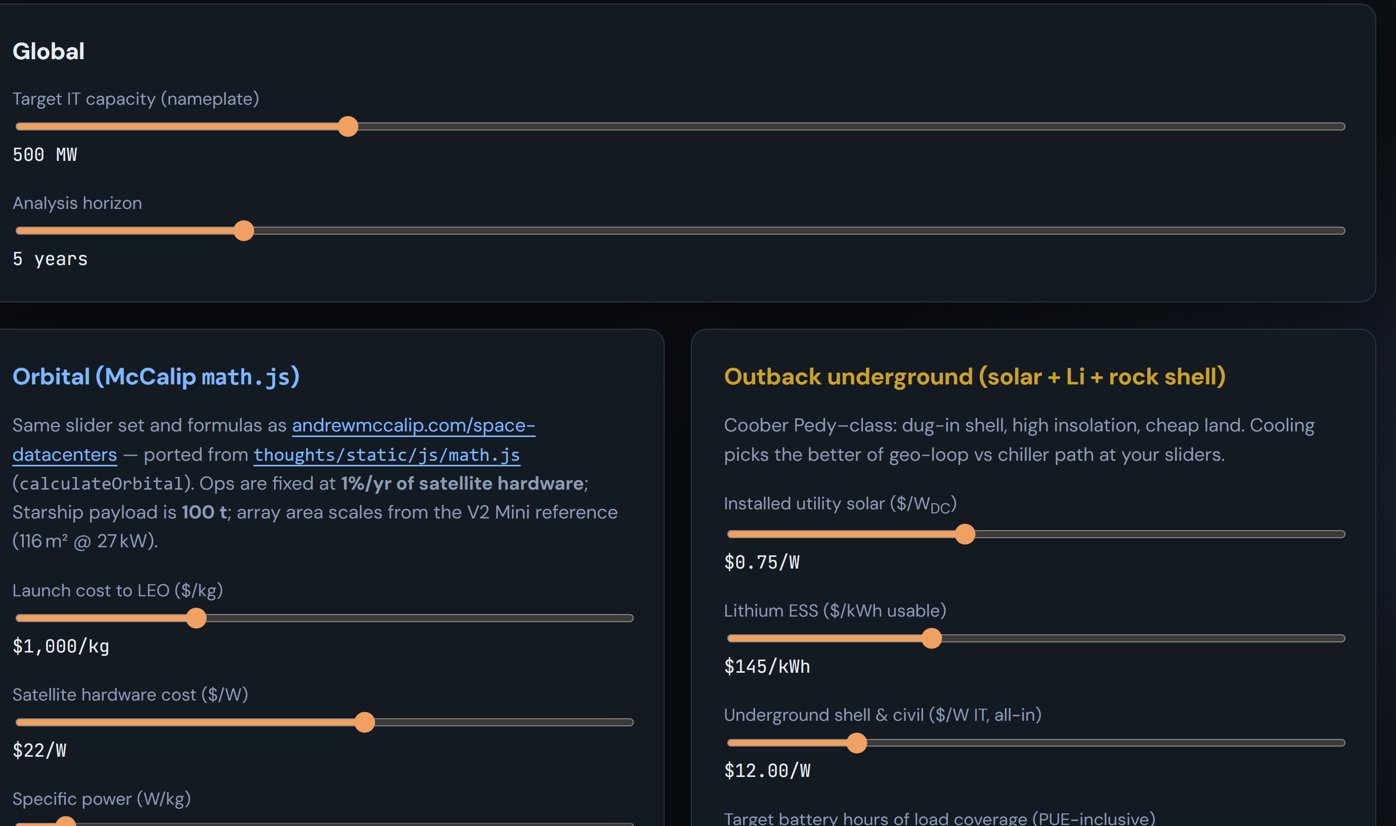 Underground Data Centre — orbital versus outback sliders