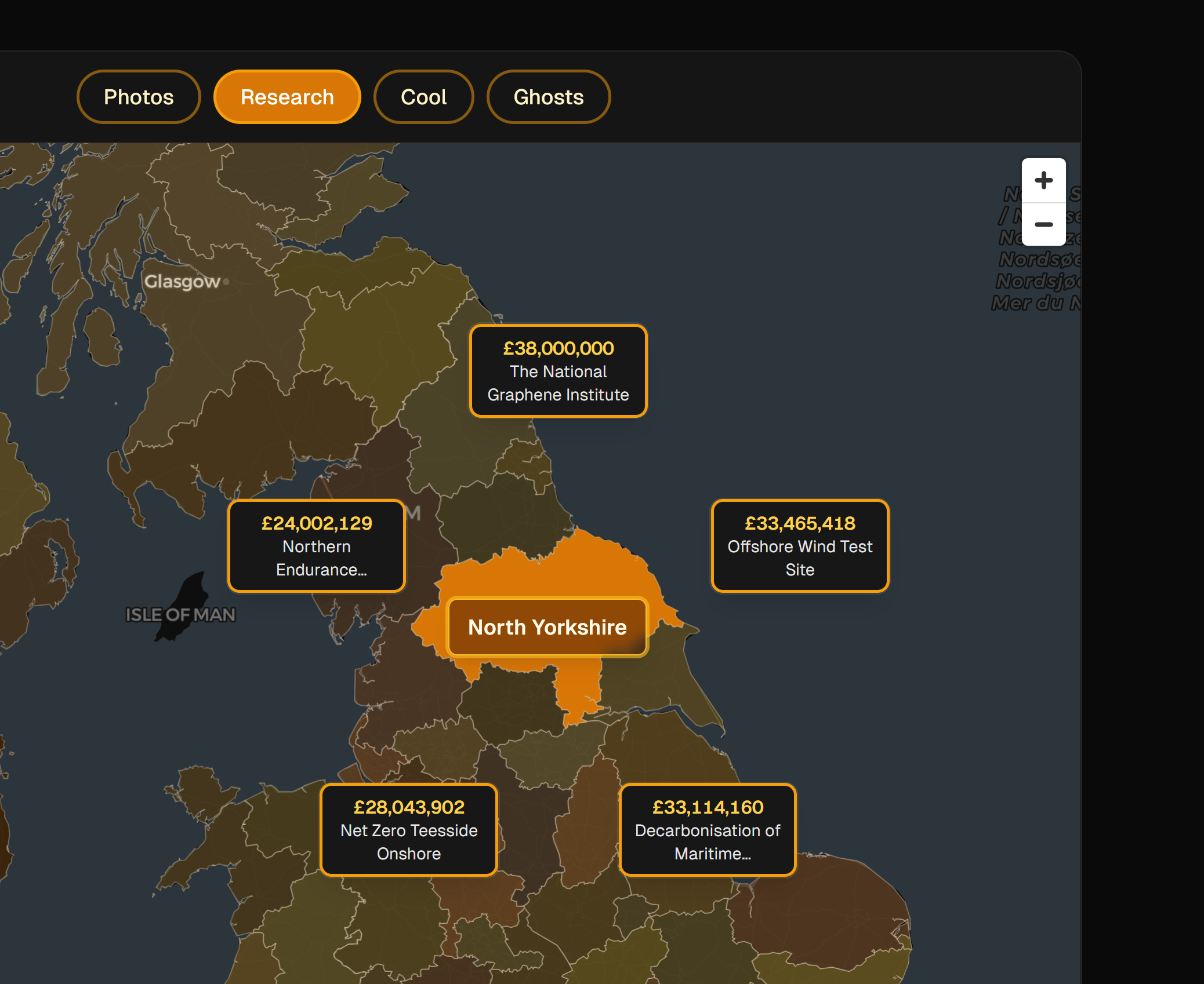 UKRomp — county map in Research mode over North Yorkshire